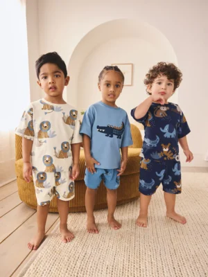 Blue/Ecru Safari Animal Short Pyjamas 3 Pack