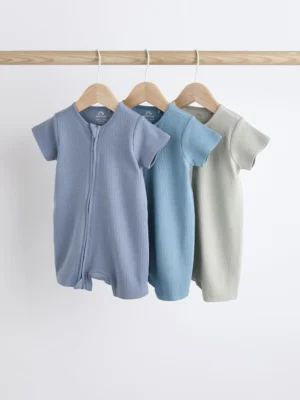 Blue Baby Two Way Zip 100% Cotton Rompers 3 Pack (0-3yrs)