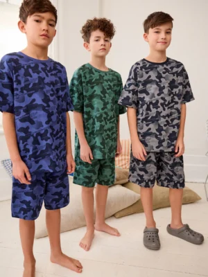 Blue/Grey/Green Camouflage Short Pyjamas 3 Pack