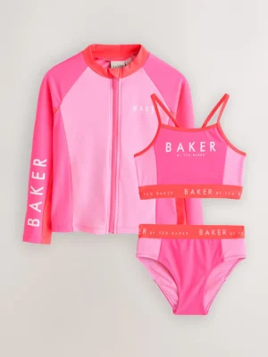 Baker by Ted Baker 3 Piece Pink Colour Block Rash Vest and Bikini Set