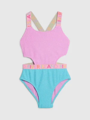 River Island Pink Colour Block Textured Logo Swimsuit