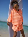 Orange Stripe Towelling Hoodie And Shorts Set