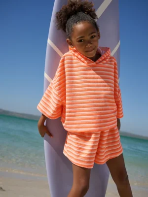 Orange Stripe Towelling Hoodie And Shorts Set