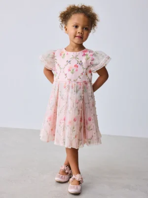 Baker by Ted Baker Pink Organza Floral Trellis Lace Overlay Dress