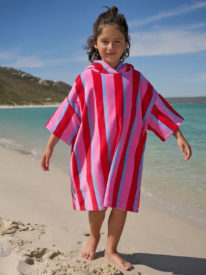 Pink/Red Stripe Slogan Towelling Poncho (3-16yrs)