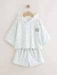 Blue/White Floral Ditsy Towelling Hoodie And Shorts Set