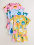 Pink/Blue Cat/Floral Print Short Pyjamas 3 Pack