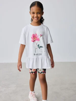 Baker by Ted Baker 2 Piece Peplum Frill T-Shirt & Floral Cycling Short Set