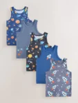 Blue/Navy Space Print Cotton Vests 5 Pack