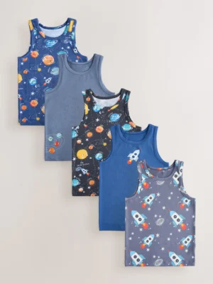 Blue/Navy Space Print Cotton Vests 5 Pack