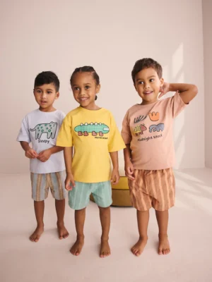 Blue/Yellow/Pink Striped Animal Short Pyjamas 3 Pack