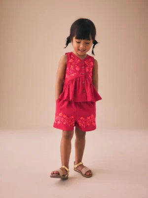 Red Embroidered Blouse And Shorts Co-ord Set