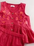 Red Embroidered Blouse And Shorts Co-ord Set