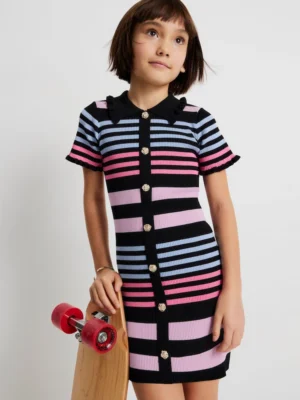 River Island Black Stripe Button Polo Dress