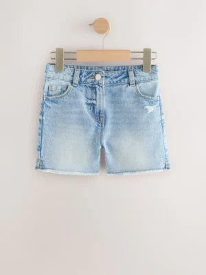 Mid Blue Longer Length Frayed Edge Denim Shorts