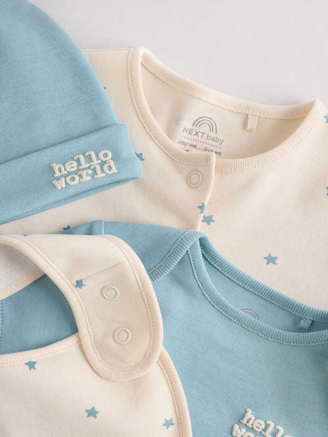 Blue Baby Sleepsuit, Bodysuit, Beanie and Bib Set 4 Piece