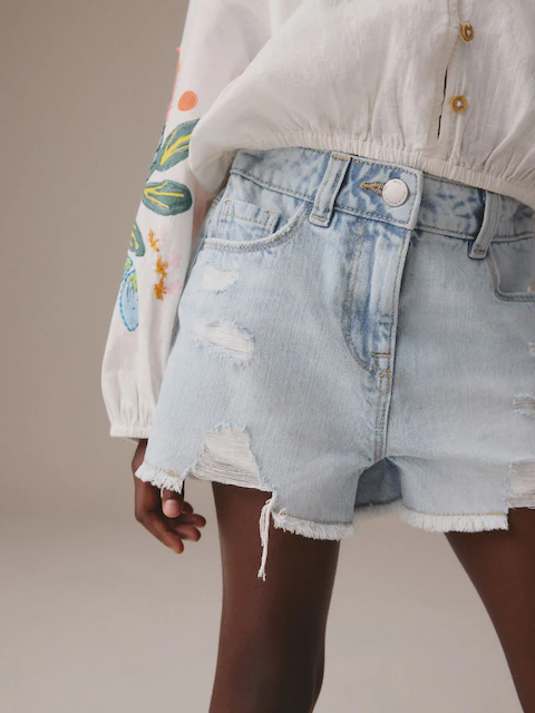 Light Blue 100% Cotton Frayed Edge Distressed Shorts