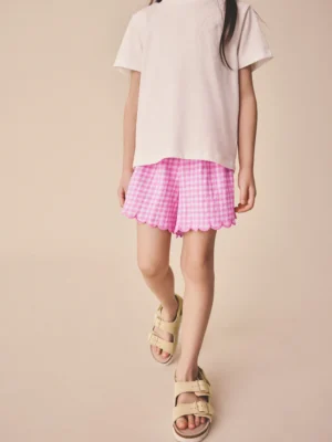 Pink Gingham Scallop Trim Textured Shorts