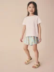 Pink/Blue Floral Scallop Trim Textured Shorts