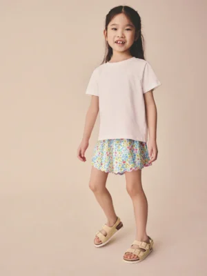 Pink/Blue Floral Scallop Trim Textured Shorts