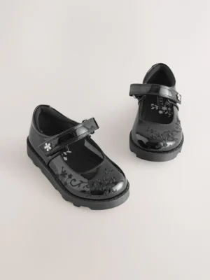 Black Embroidered Junior School Mary Jane Shoes