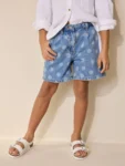 Mid Blue Spot Print Relaxed Denim Pleated Shorts