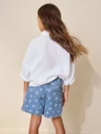 Mid Blue Spot Print Relaxed Denim Pleated Shorts
