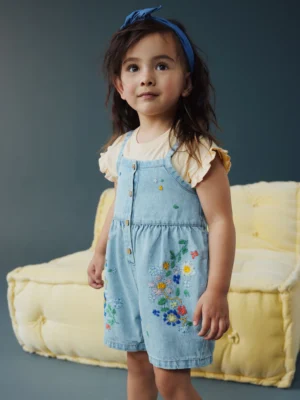Mid Blue Floral Embroidered Denim Playsuit and T-Shirt