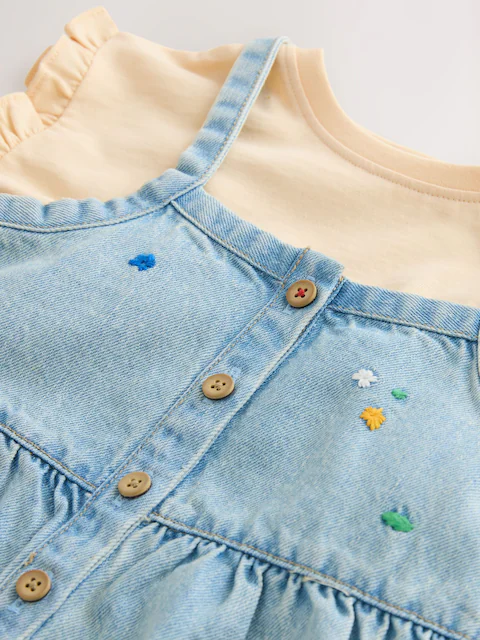 Mid Blue Floral Embroidered Denim Playsuit and T-Shirt