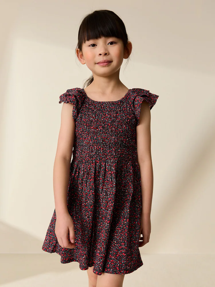 Black Ditsy Smocked Frill Sleeve Dress