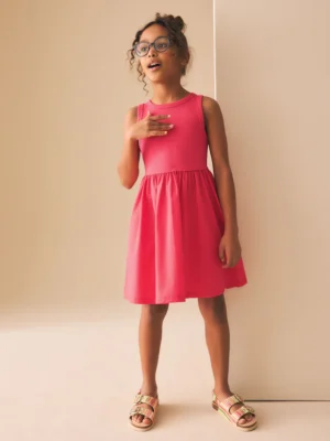 Raspberry Pink Jersey Woven Mix Sleeveless Dress