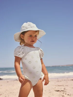 White Embriodered Puff Sleeve Swimsuit