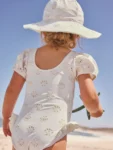 White Embriodered Puff Sleeve Swimsuit