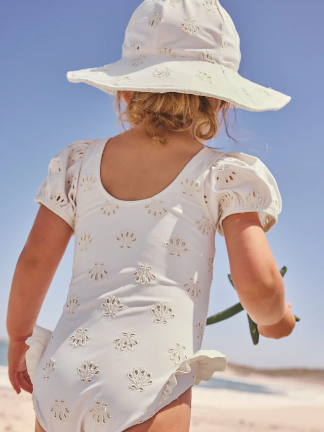 White Embriodered Puff Sleeve Swimsuit
