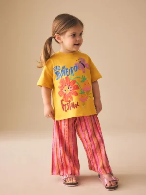 Ochre Yellow Short Sleeve T-Shirt and Wide Leg Trousers Set