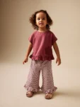 Red/Brown Flower Short Sleeve Top and Wide Trousers Set