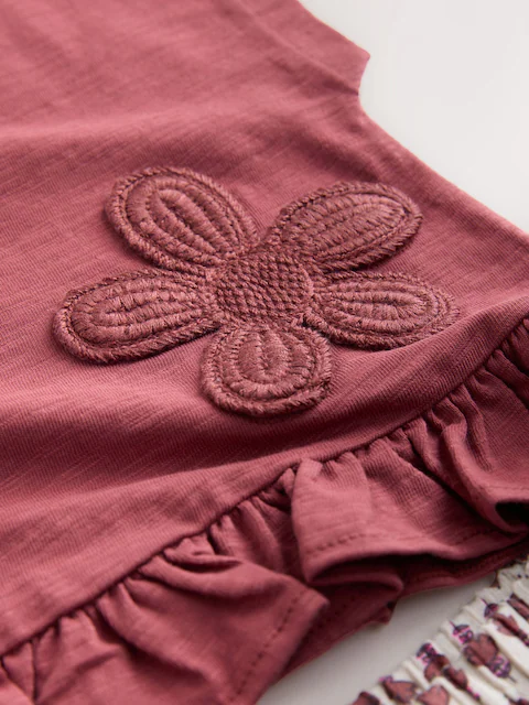 Red/Brown Flower Short Sleeve Top and Wide Trousers Set