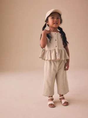 Neutral Stripe Peplum Vest and Wide Trousers Set