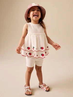 Ecru Berry Embroidery Broderie Peplum Vest and Cycle Shorts Set
