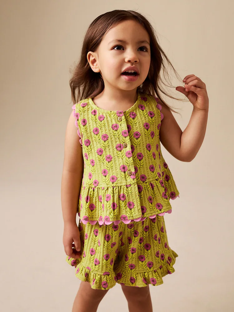 Green/Pink Flower Peplum Vest and Shorts Set