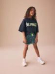 Navy Blue/Lime Green Stripe Tassel Textured Shorts