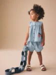 Strawberry Embroidered Denim Blouse And Short Co-ord Set