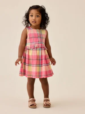 Multi Pink Check Sleeveless Peplum Dress