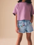 Mid Blue Embroidered Flowers Regular Length Frayed Edge Denim Shorts