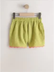 Green/Pink Embroidered Doublecloth Scallop Hem Shorts