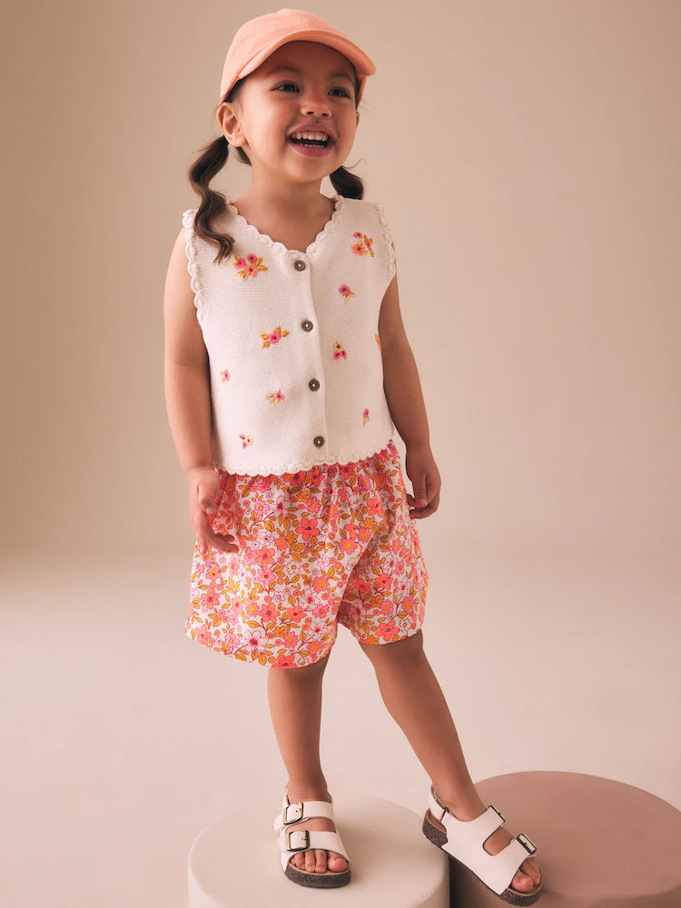 Fluro Pink Floral Knitted Waistcoat And Shorts Set