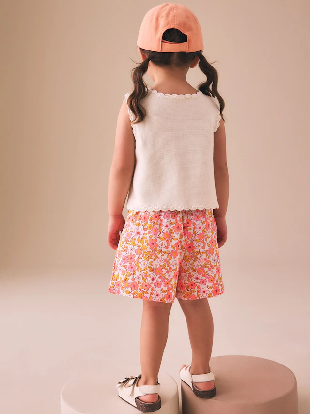 Fluro Pink Floral Knitted Waistcoat And Shorts Set