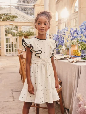 Cream Spot Ruffle Sleeve Occasion Dress
