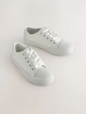 White Pearl Embellished Lace Up Occasion Trainers