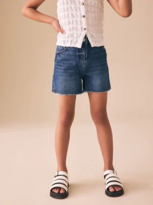 Dark Blue Denim Longer Length Frayed Edge Denim Shorts